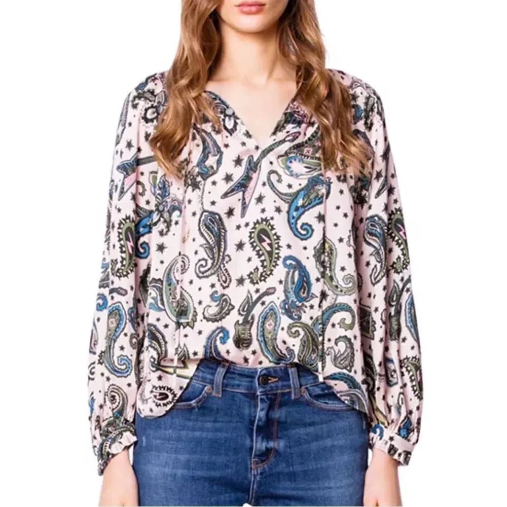 Zadig & Voltaire Theresa Print Paisley Tunic Top Blouse Small Long Sleeve Pink
